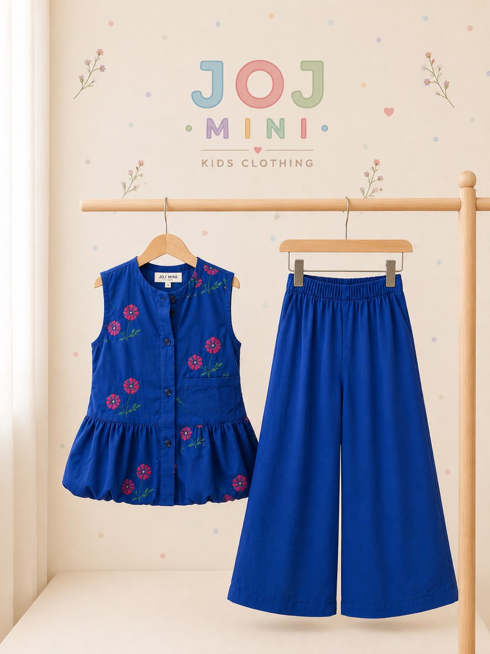 Joj Mini Kids Summer Floral Embroidered Peplum Top & Palazzo Set