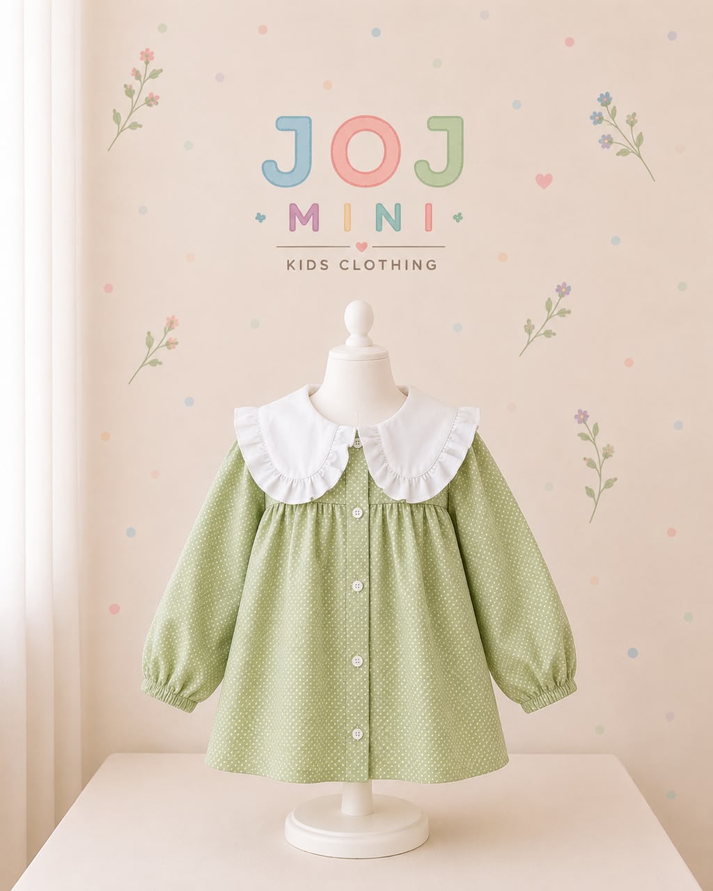 Joj Mini Sage Green Polka Dot Dress with Ruffled Statement Collar